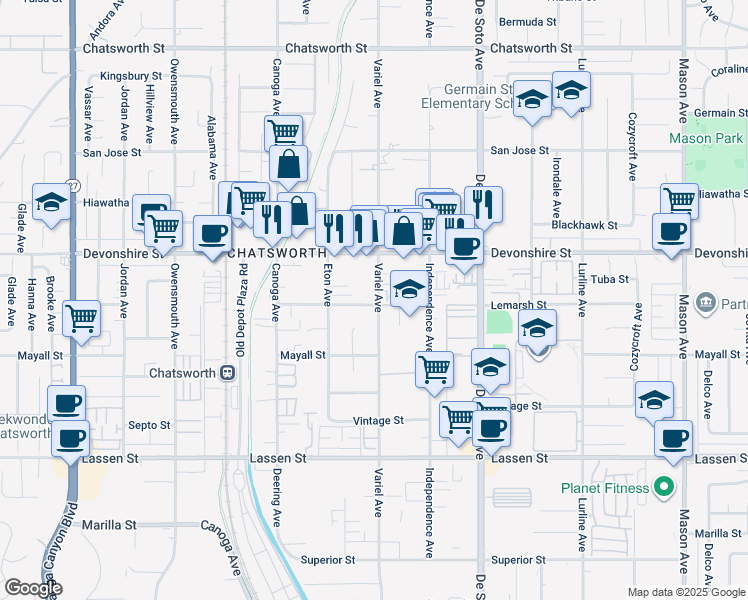 map of restaurants, bars, coffee shops, grocery stores, and more near 21101 Lemarsh Street in Los Angeles