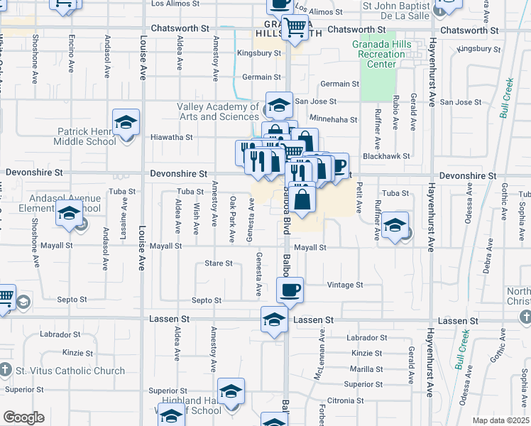 map of restaurants, bars, coffee shops, grocery stores, and more near 10155 Balboa Boulevard in Los Angeles