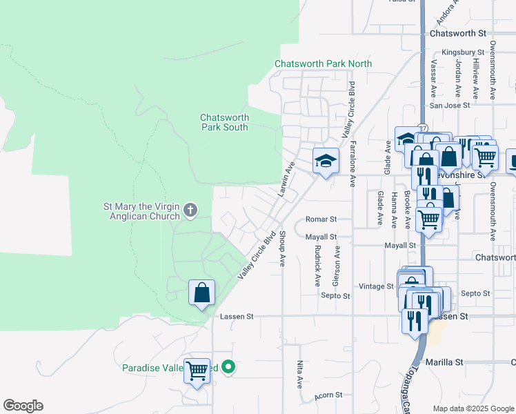 map of restaurants, bars, coffee shops, grocery stores, and more near 10175 Larwin Avenue in Los Angeles