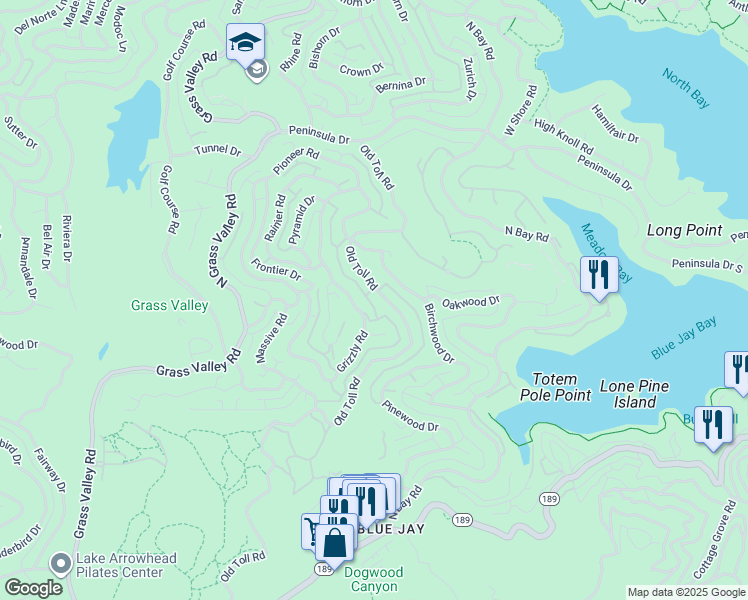 map of restaurants, bars, coffee shops, grocery stores, and more near 324 Old Toll Road in Lake Arrowhead