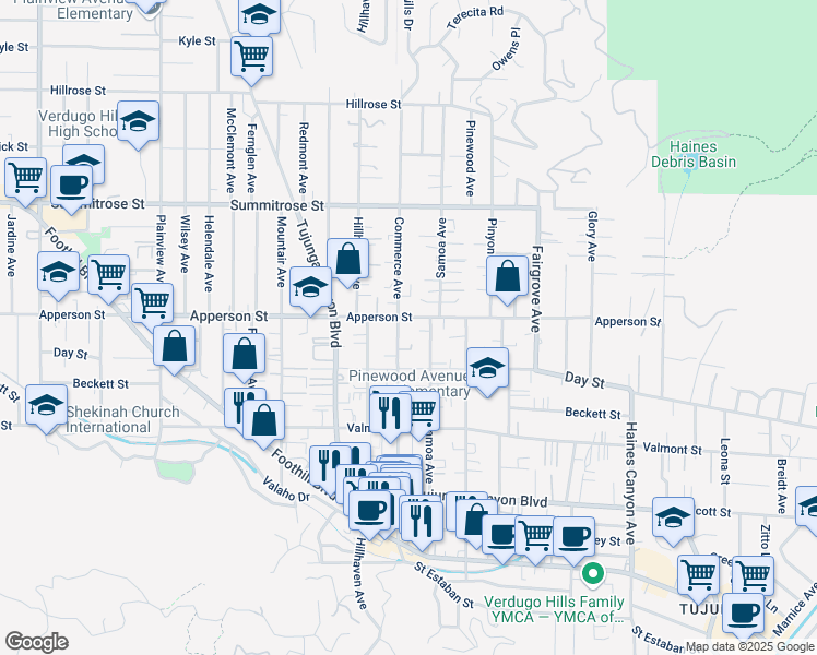 map of restaurants, bars, coffee shops, grocery stores, and more near 10240 Commerce Avenue in Los Angeles