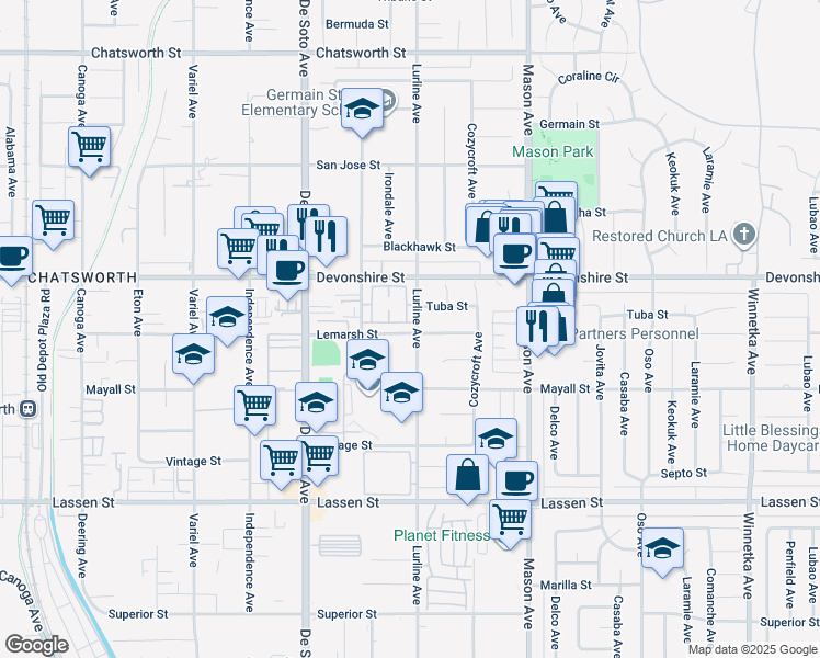 map of restaurants, bars, coffee shops, grocery stores, and more near 20661 Lemarsh Street in Los Angeles