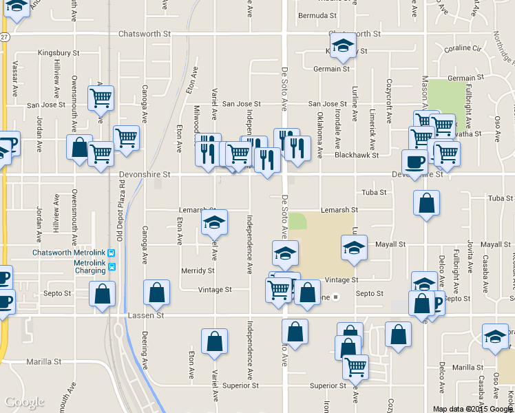 map of restaurants, bars, coffee shops, grocery stores, and more near 10206 Independence Avenue in Los Angeles