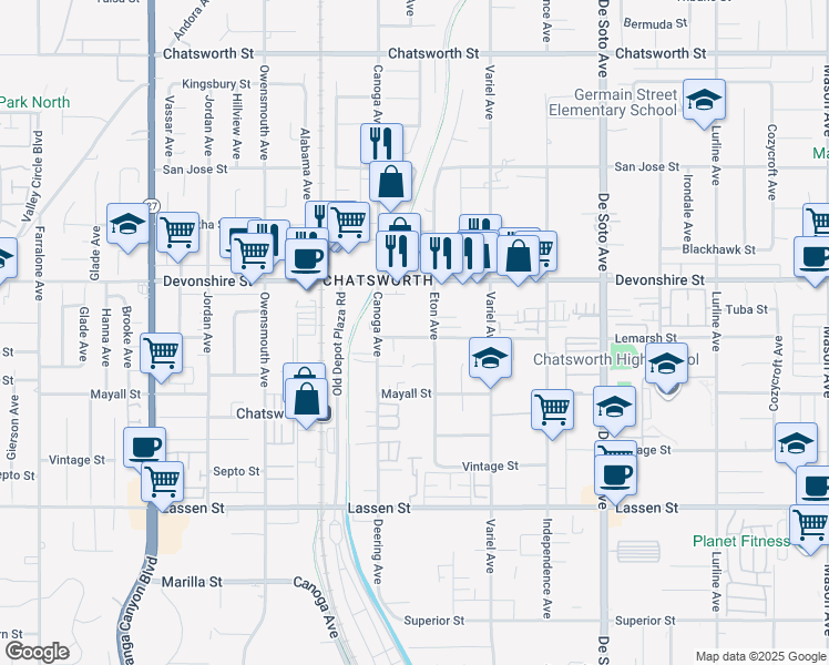 map of restaurants, bars, coffee shops, grocery stores, and more near 21323 Lemarsh Street in Los Angeles