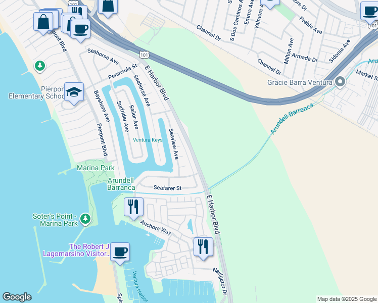 map of restaurants, bars, coffee shops, grocery stores, and more near 3065 East Harbor Boulevard in Ventura