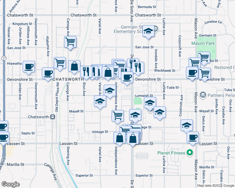 map of restaurants, bars, coffee shops, grocery stores, and more near 10206 Independence Avenue in Chatsworth