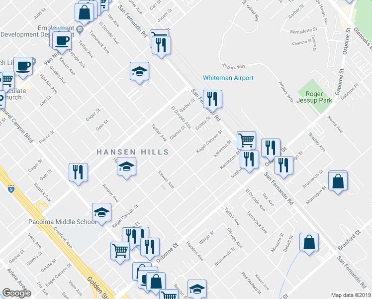 map of restaurants, bars, coffee shops, grocery stores, and more near 13020 Goleta Street in Los Angeles