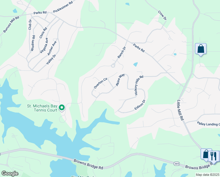 map of restaurants, bars, coffee shops, grocery stores, and more near 6510 Akins Way in Cumming