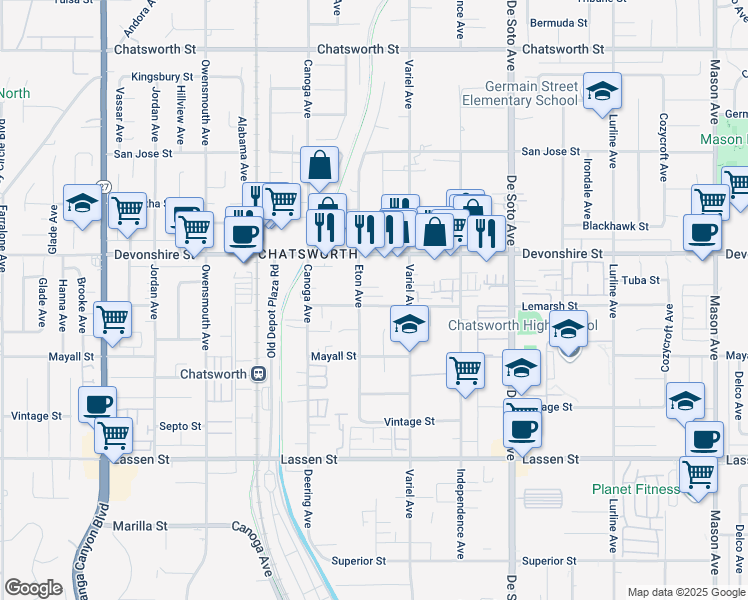 map of restaurants, bars, coffee shops, grocery stores, and more near 21211 Lemarsh Street in Los Angeles