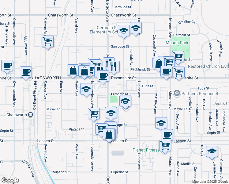 map of restaurants, bars, coffee shops, grocery stores, and more near 20801 Lemarsh Street in Los Angeles