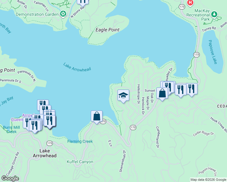 map of restaurants, bars, coffee shops, grocery stores, and more near 316 John Muir Road in Lake Arrowhead