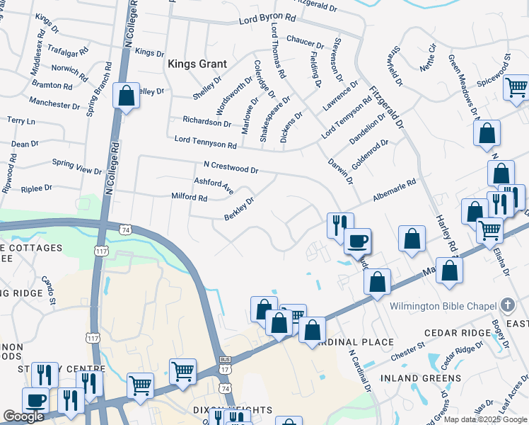 map of restaurants, bars, coffee shops, grocery stores, and more near 432 Morning Glory Court in Wilmington