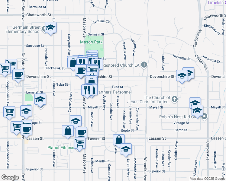 map of restaurants, bars, coffee shops, grocery stores, and more near 10166 Casaba Avenue in Los Angeles