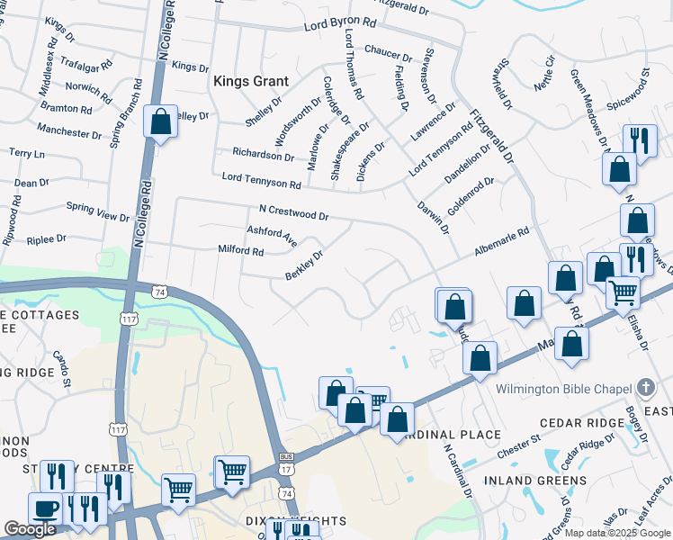 map of restaurants, bars, coffee shops, grocery stores, and more near 432 Morning Glory Court in Wilmington