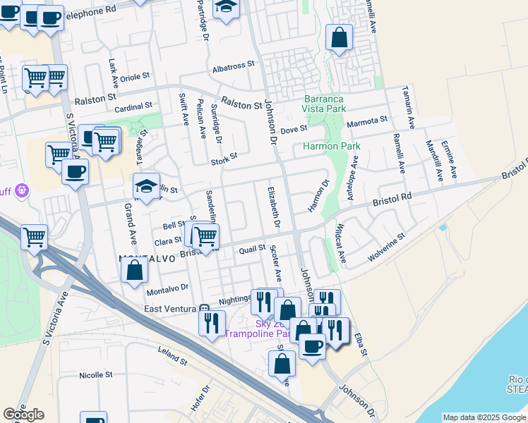 map of restaurants, bars, coffee shops, grocery stores, and more near 2212 Anthony Drive in Ventura