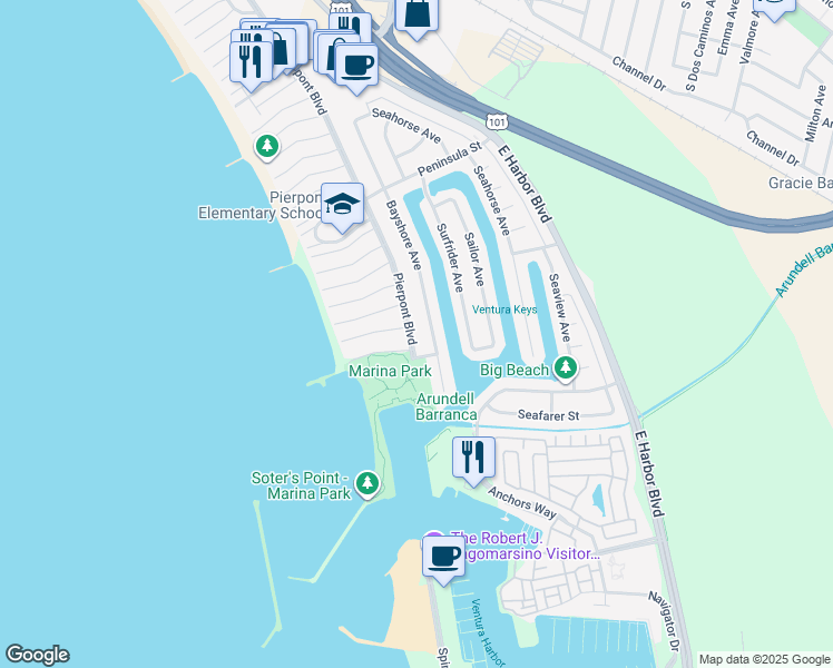 map of restaurants, bars, coffee shops, grocery stores, and more near 2867 Pierpont Boulevard in Ventura