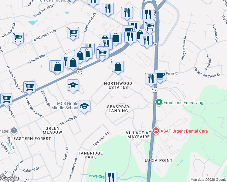 map of restaurants, bars, coffee shops, grocery stores, and more near 74 Northwood Drive in Wilmington