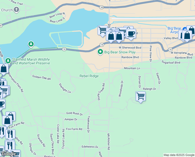 map of restaurants, bars, coffee shops, grocery stores, and more near 42848 Eagles Flight Place in Big Bear Lake
