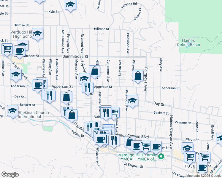 map of restaurants, bars, coffee shops, grocery stores, and more near 10240 Commerce Avenue in Los Angeles