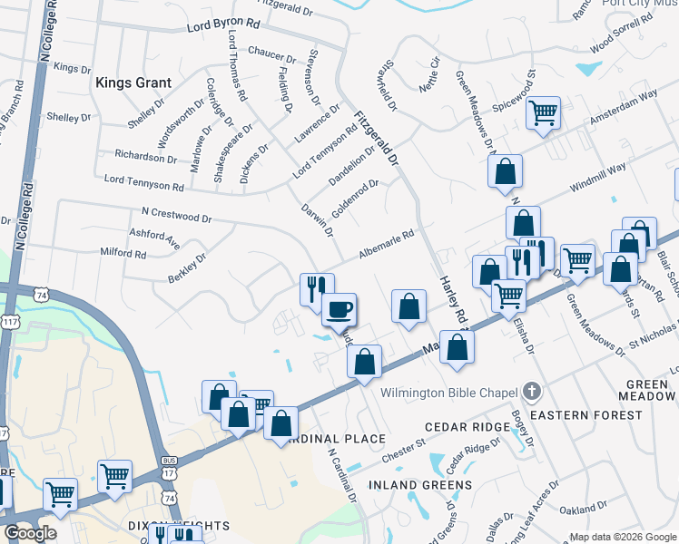 map of restaurants, bars, coffee shops, grocery stores, and more near 203 Albemarle Road in Wilmington