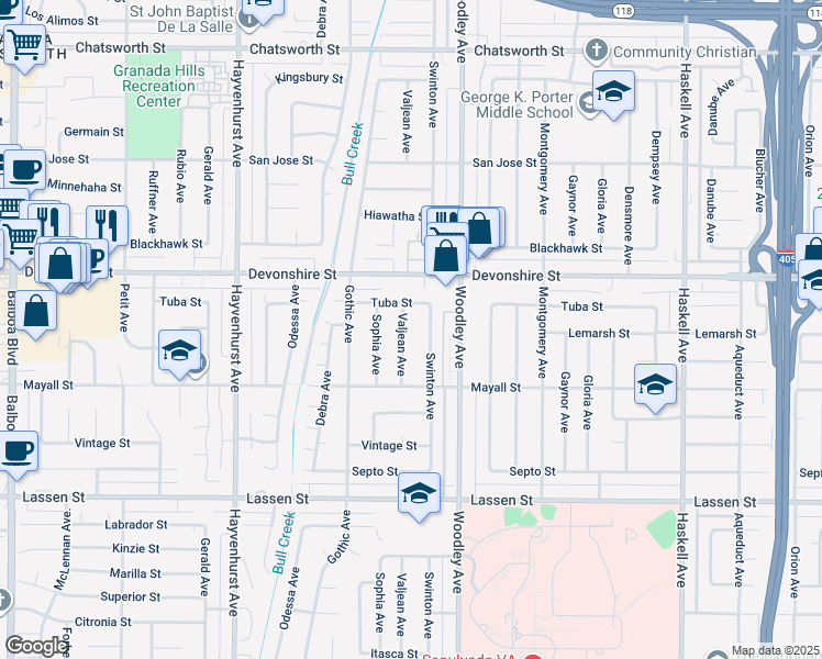 map of restaurants, bars, coffee shops, grocery stores, and more near 10157 Swinton Avenue in Los Angeles