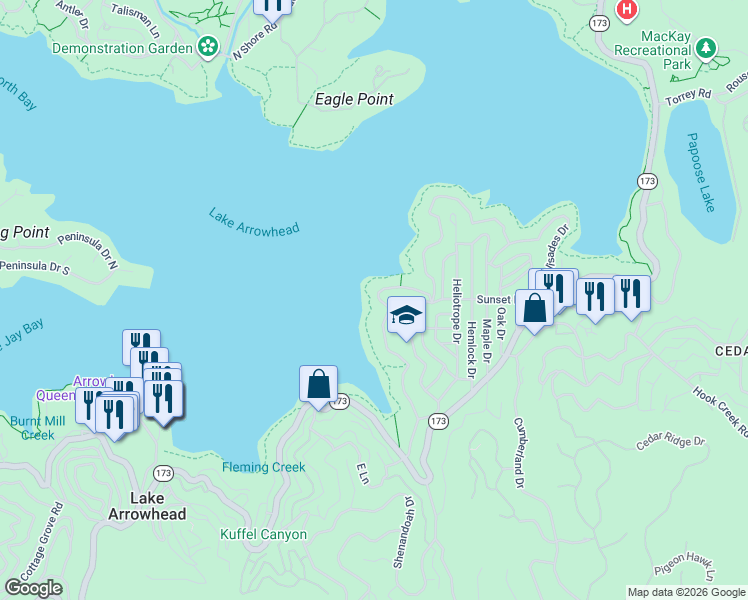map of restaurants, bars, coffee shops, grocery stores, and more near 316 John Muir Road in Lake Arrowhead