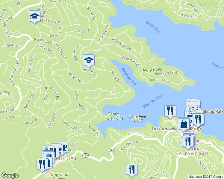 map of restaurants, bars, coffee shops, grocery stores, and more near 27608 Cedarwood Drive in Lake Arrowhead