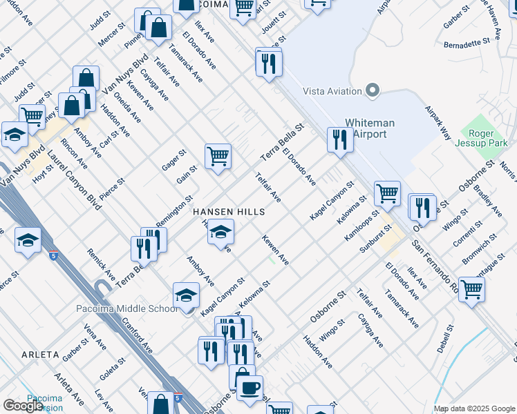 map of restaurants, bars, coffee shops, grocery stores, and more near 13113 Glamis Street in Los Angeles