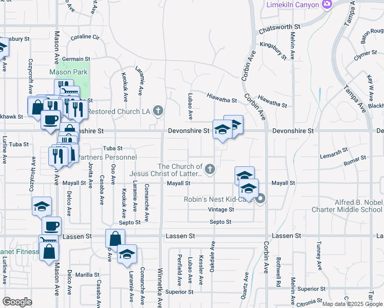 map of restaurants, bars, coffee shops, grocery stores, and more near 20001 Lemarsh Street in Los Angeles