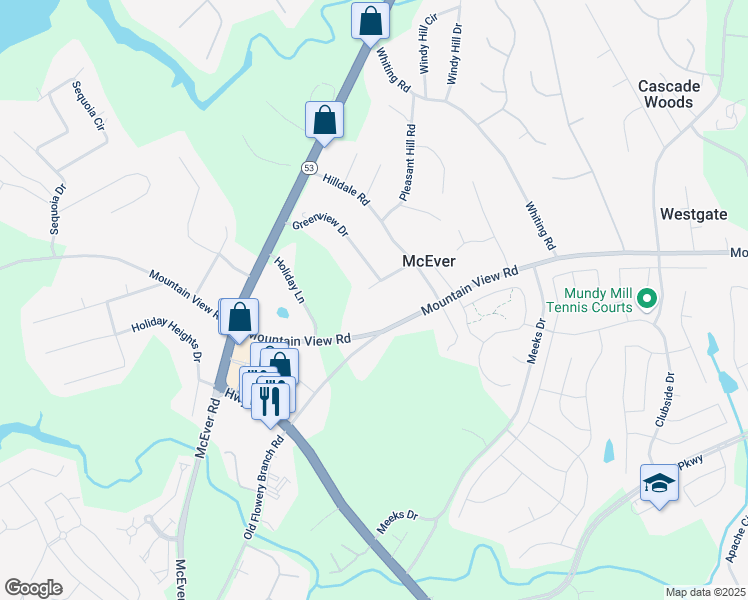 map of restaurants, bars, coffee shops, grocery stores, and more near 3735 Hi-Land Circle in Oakwood