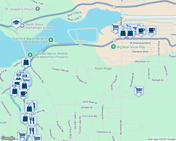 map of restaurants, bars, coffee shops, grocery stores, and more near 351 Glenwood Drive in Big Bear Lake