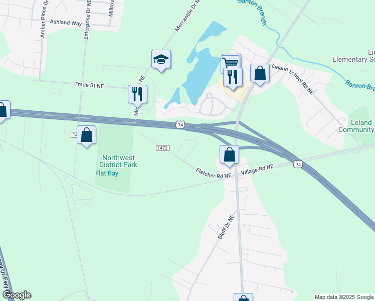 map of restaurants, bars, coffee shops, grocery stores, and more near 1769 Liz Lane Northeast in Leland