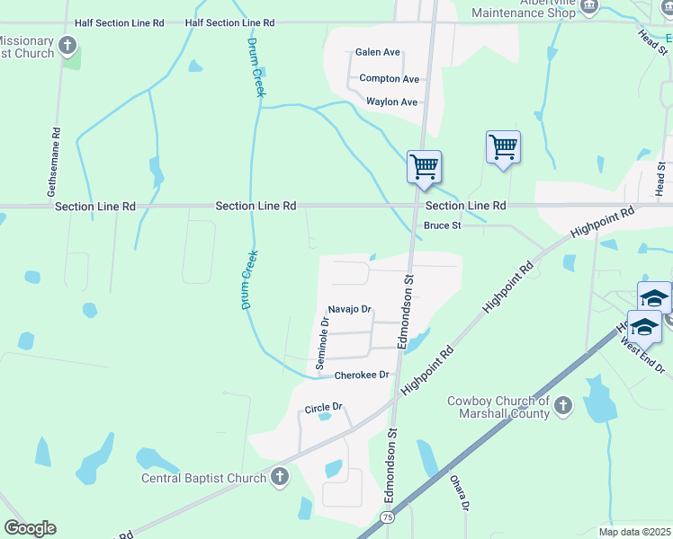 map of restaurants, bars, coffee shops, grocery stores, and more near 255 Shaw St in Albertville