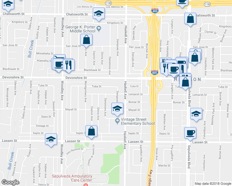 map of restaurants, bars, coffee shops, grocery stores, and more near 10201 Dempsey Avenue in Los Angeles
