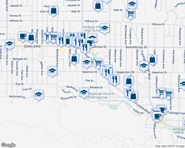 map of restaurants, bars, coffee shops, grocery stores, and more near 10257 Irma Avenue in Los Angeles