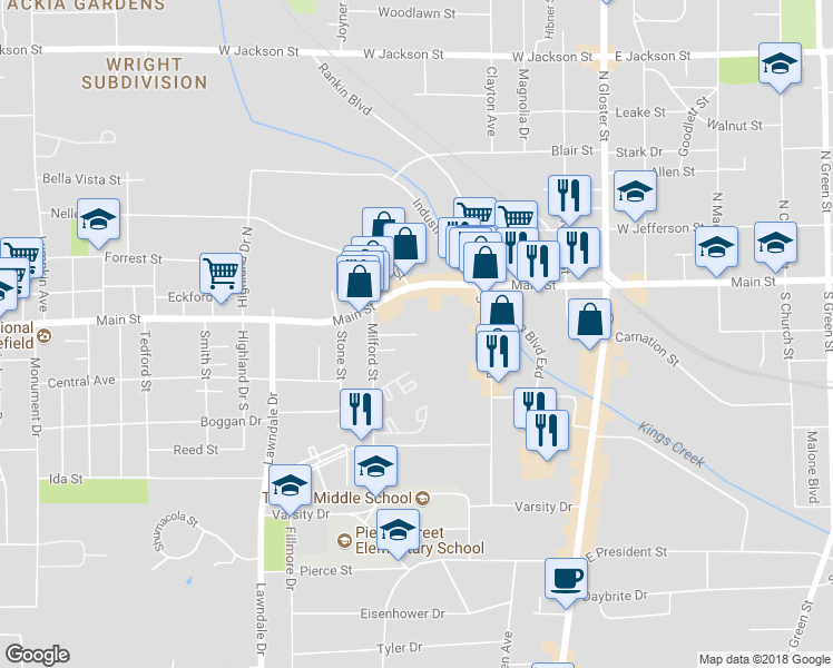 map of restaurants, bars, coffee shops, grocery stores, and more near 1199 Bryson Drive in Tupelo