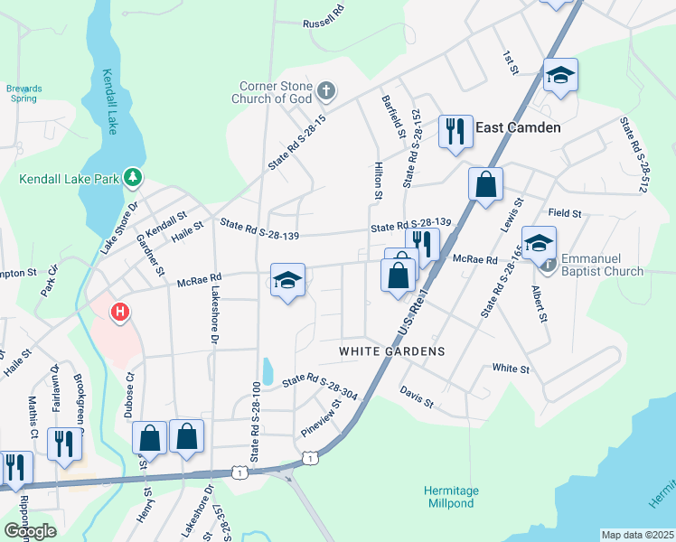 map of restaurants, bars, coffee shops, grocery stores, and more near 1008 McRae Road in Camden