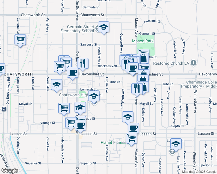 map of restaurants, bars, coffee shops, grocery stores, and more near 20661 Lemarsh Street in Los Angeles