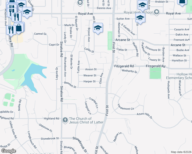 map of restaurants, bars, coffee shops, grocery stores, and more near 852 Weaver Street in Simi Valley
