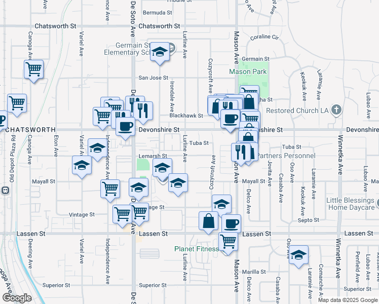 map of restaurants, bars, coffee shops, grocery stores, and more near 20655 Lemarsh Street in Los Angeles
