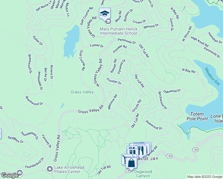 map of restaurants, bars, coffee shops, grocery stores, and more near 316 Pioneer Road in Lake Arrowhead