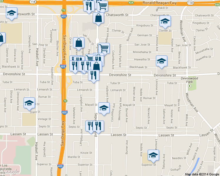 map of restaurants, bars, coffee shops, grocery stores, and more near 15315 Lemarsh St in Los Angeles