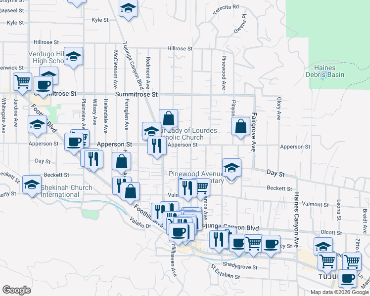 map of restaurants, bars, coffee shops, grocery stores, and more near 7212 Apperson Street in Los Angeles