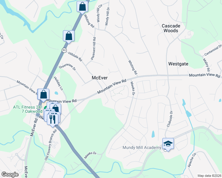 map of restaurants, bars, coffee shops, grocery stores, and more near 3645 Mountain View Road in Gainesville