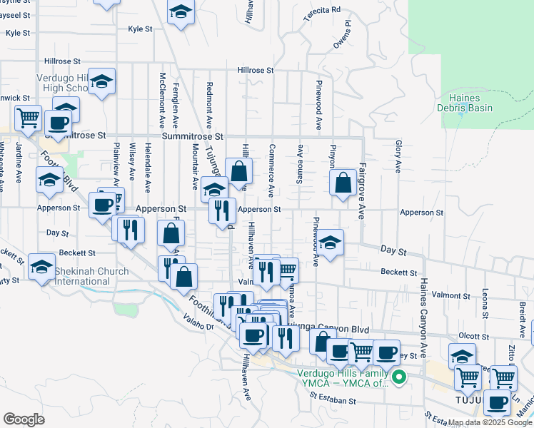 map of restaurants, bars, coffee shops, grocery stores, and more near 10240 Commerce Avenue in Los Angeles