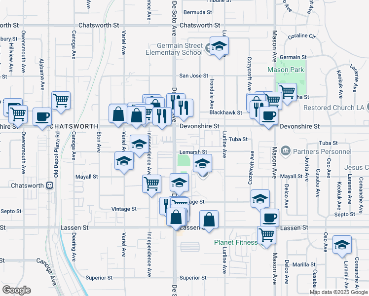map of restaurants, bars, coffee shops, grocery stores, and more near 20801 Lemarsh Street in Los Angeles