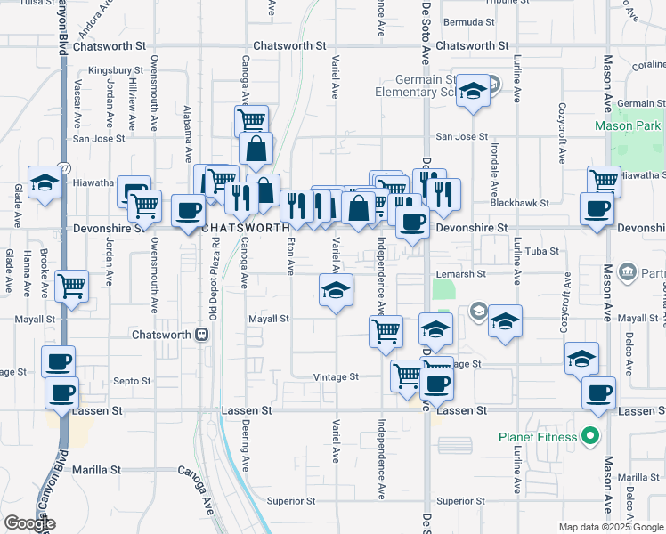 map of restaurants, bars, coffee shops, grocery stores, and more near 21101 Lemarsh Street in Los Angeles