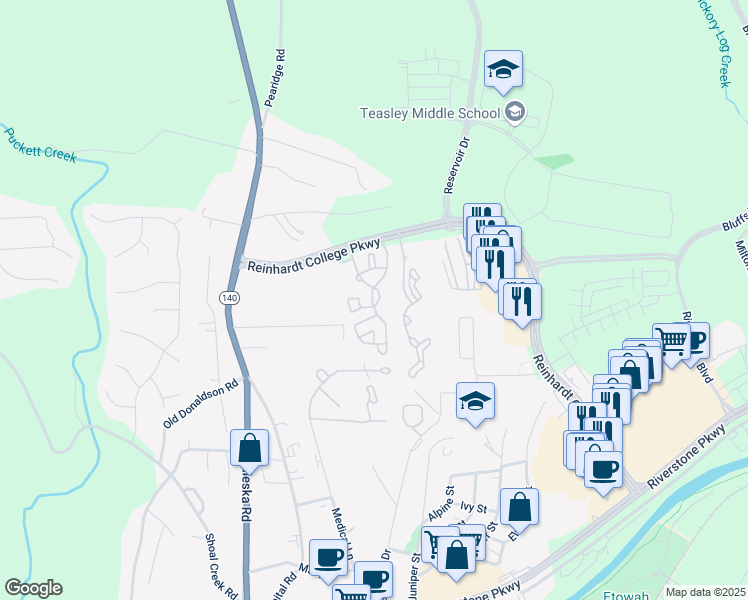 map of restaurants, bars, coffee shops, grocery stores, and more near 10110 River Ridge Drive in Canton