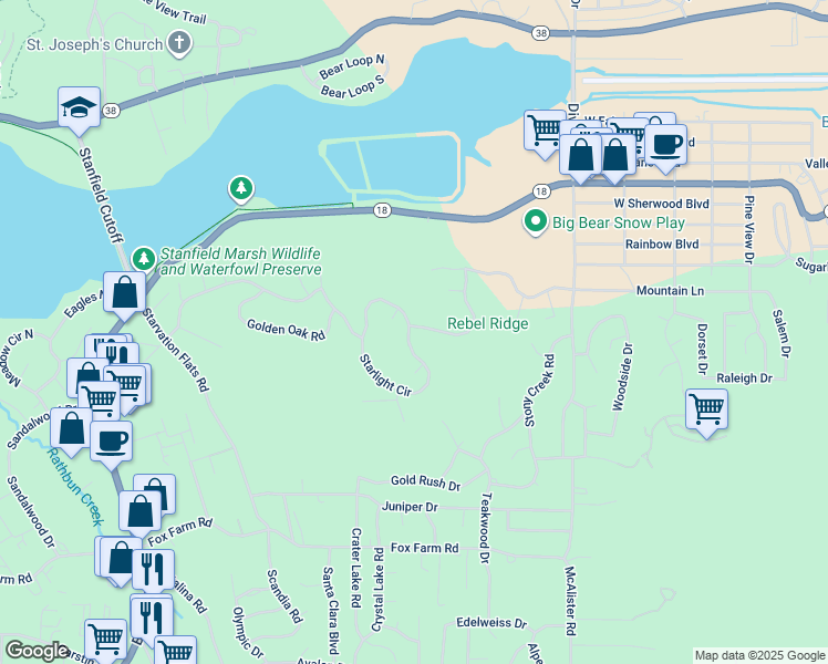 map of restaurants, bars, coffee shops, grocery stores, and more near 351 Glenwood Drive in Big Bear Lake