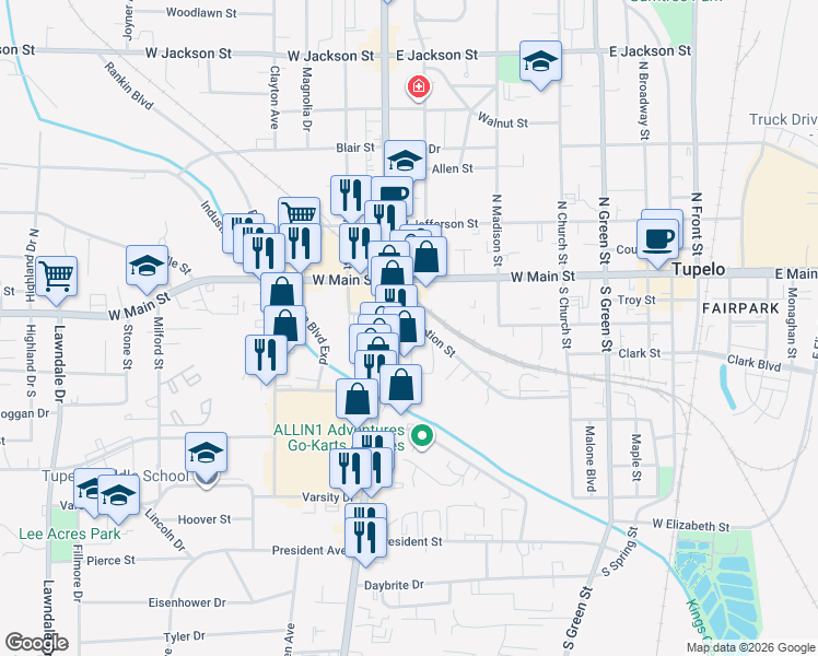 map of restaurants, bars, coffee shops, grocery stores, and more near 312 South Gloster Street in Tupelo